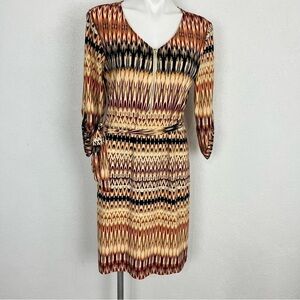 Tacera Black Rust and Maroon Midi Dress V Neck Gold Zipper Size M
